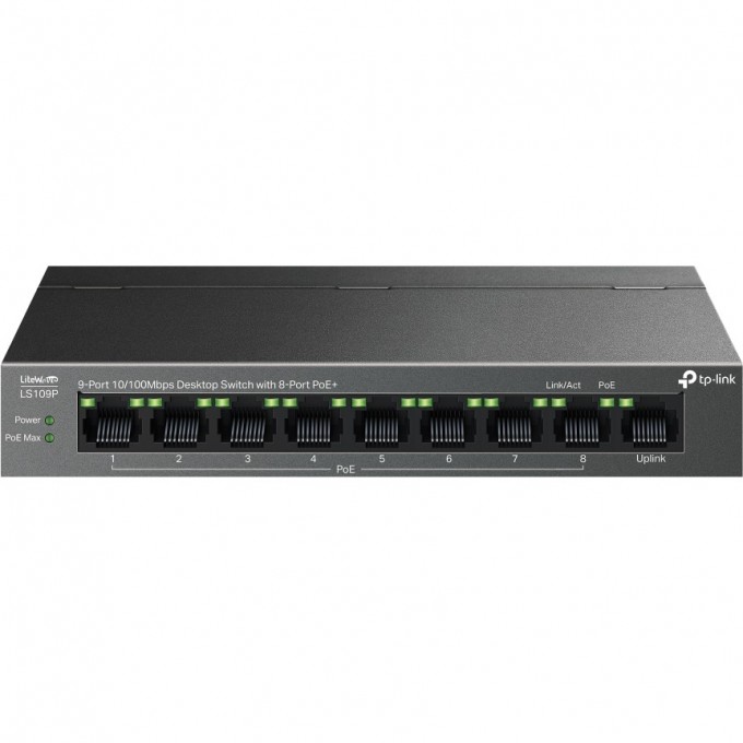 Настольный коммутатор TP-LINK с 9 портами 10/100 Мбит/с (8 портов PoE+) LS109P Настольный коммутатор TP-LINK с 9 портами 10/100 Мбит/с (8 портов PoE+) LS109P
